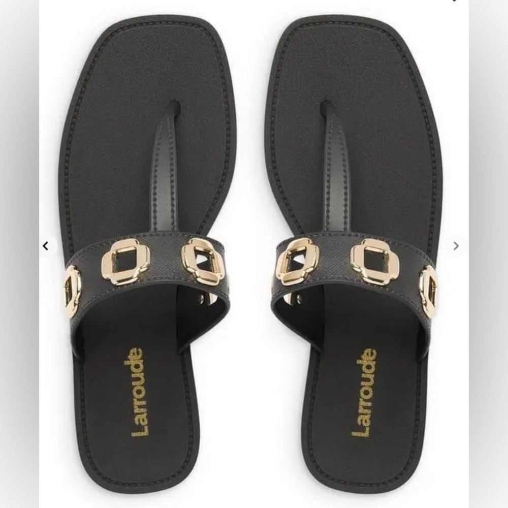 Larroude Milan Grommet Thong Sandals Black Gold Size 10/11 Retails for $140